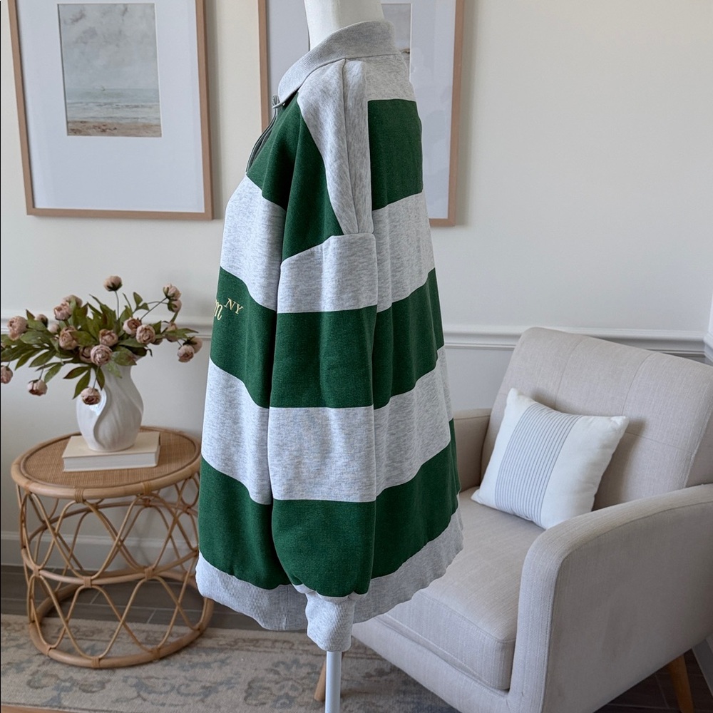 ZARA Tribeca Midtown NY Rugby Polo Sweatshirt Green Gray Striped Oversized - Picture 5 of 15